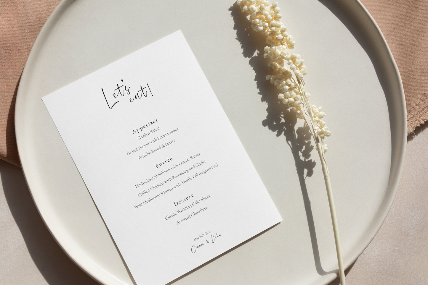 #14. Chic Minimalist Event Menu Digital Template | Stylish "Let's Eat" Typography for Modern Celebrations