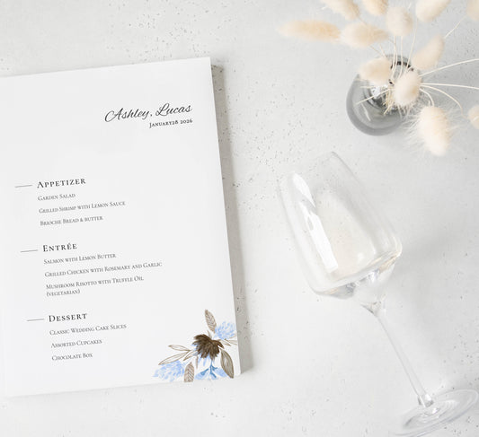 #22. Elegant Luxury Floral Digital Menu Template – Unique Blue Flowers