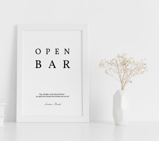 #2. Minimalist Wedding Open Bar Sign Digital Template | Simple Elegant Design